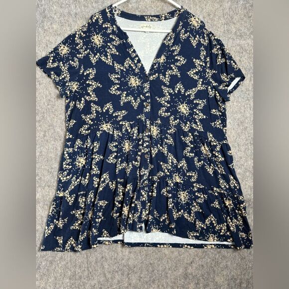 Wonderly Blouse Top Women's 2X Navy Beige Floral Pleated Stretch Button Front - Picture 1 of 3